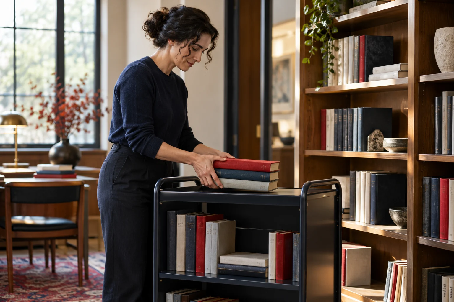 Ein Bibliothekar ordnet drei Bücher auf einem kleinen Bücherwagen.