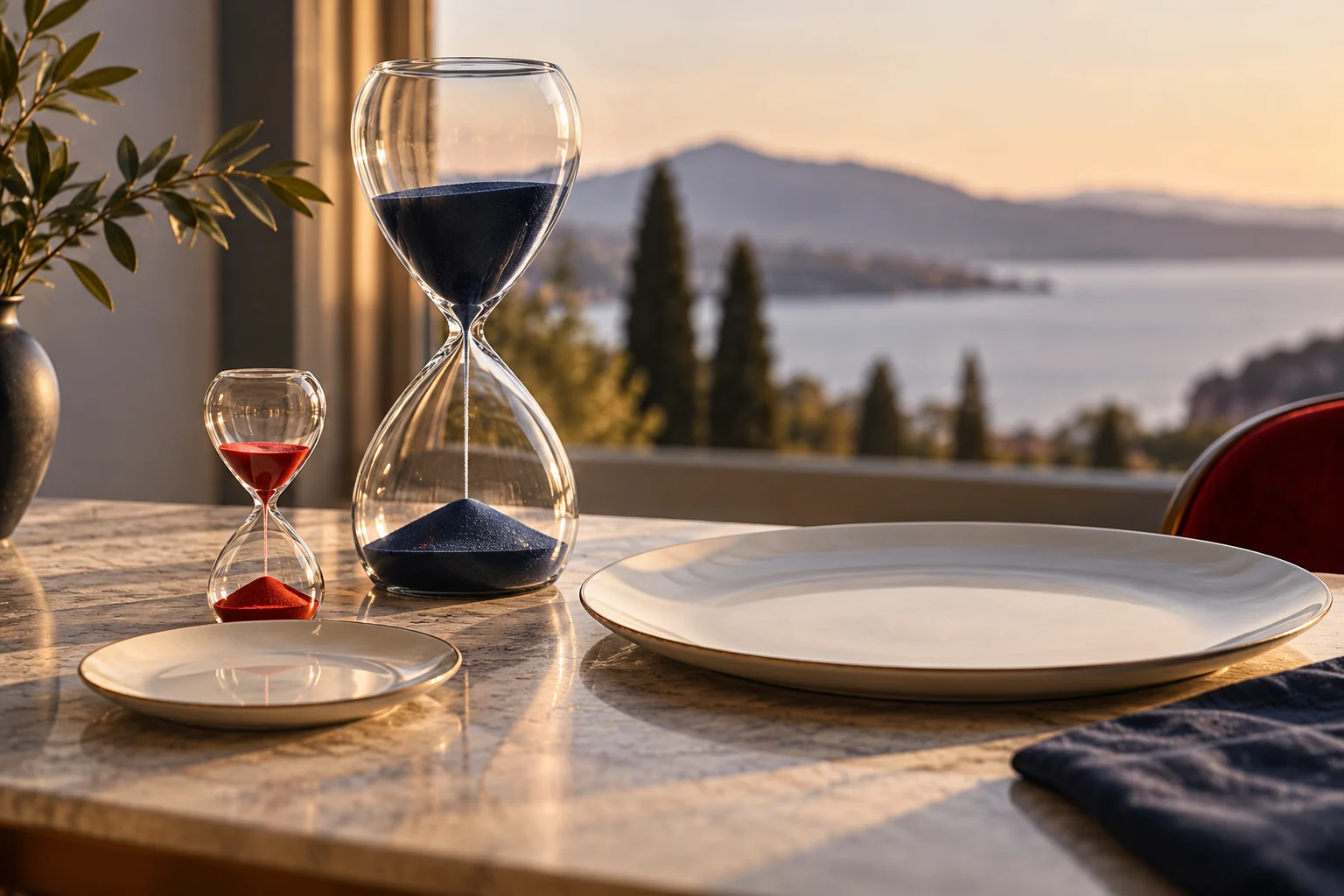 Two hourglasses of different sizes stand beside differently sized plates.