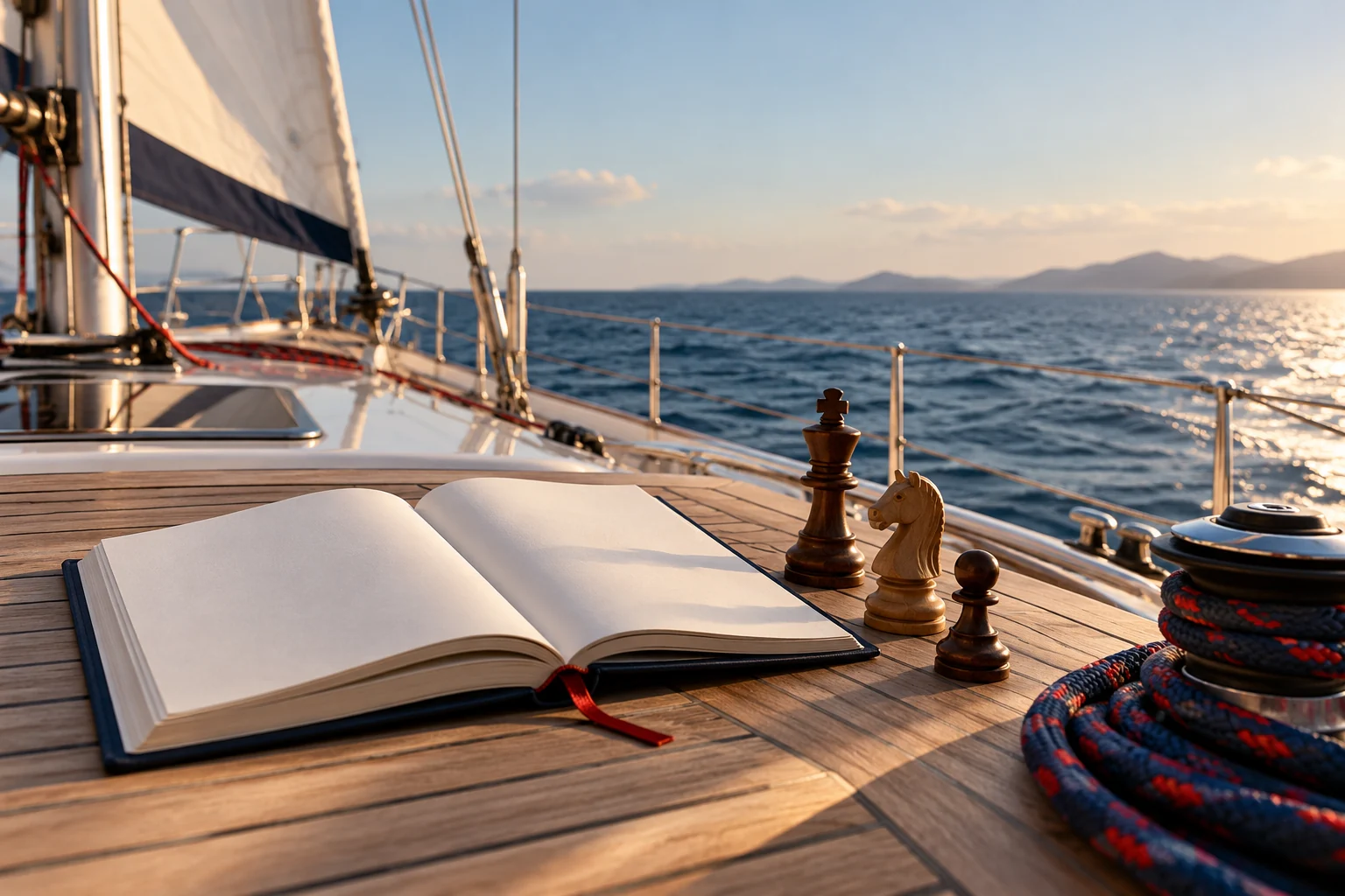Ein aufgeschlagenes Buch und Schachfiguren liegen auf einem Segelboot.