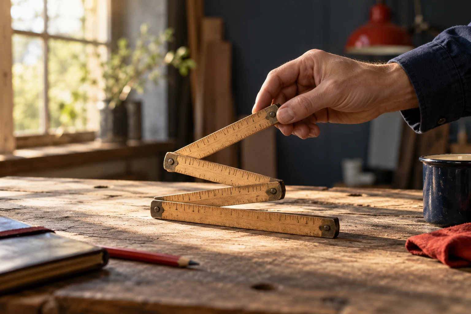 A hand holds a partly folded wooden carpenter’s ruler.