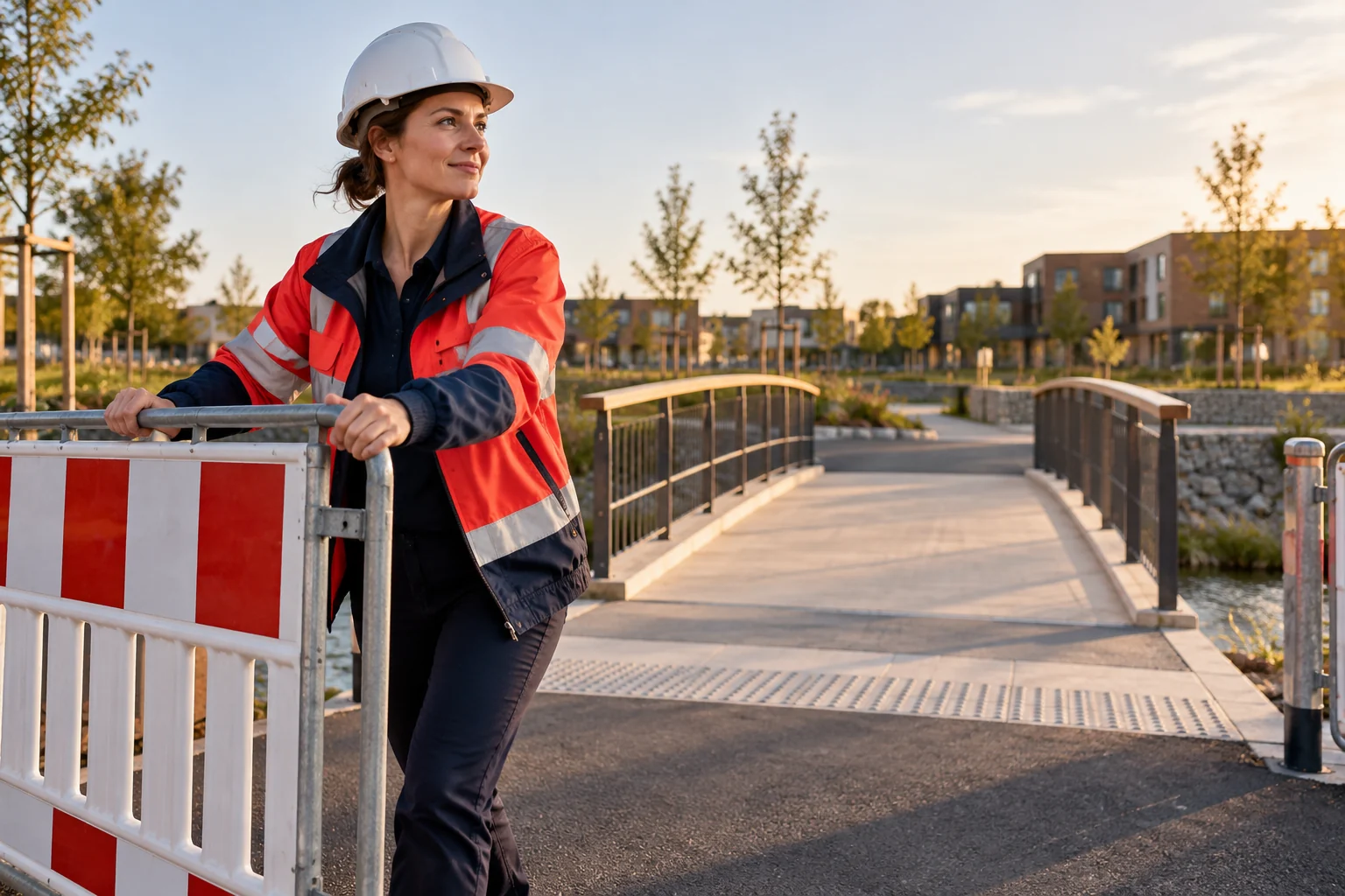 A civil engineer opens a barrier beside a new pedestrian crossing.