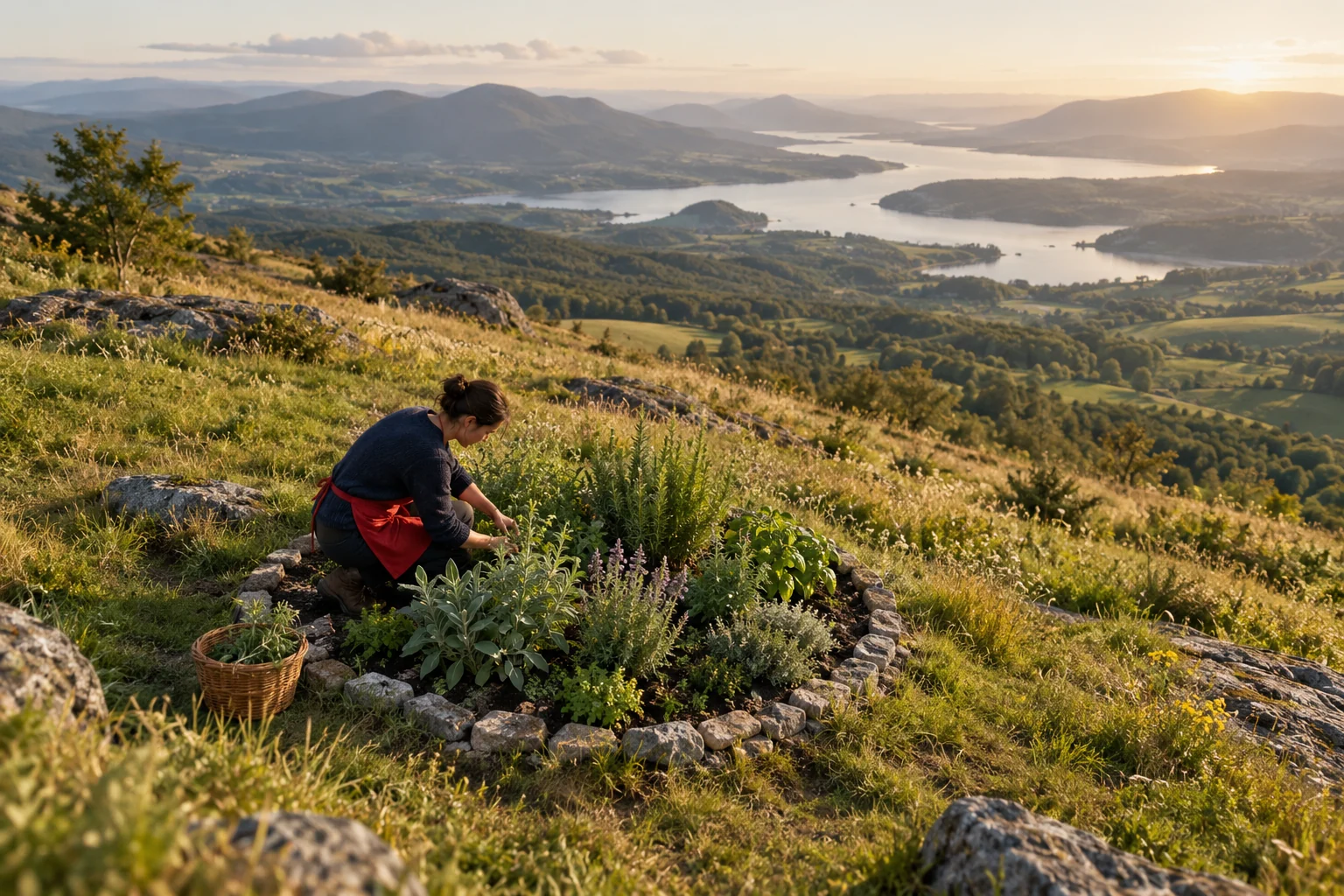 A person tends a small circular herb garden in a wide landscape.