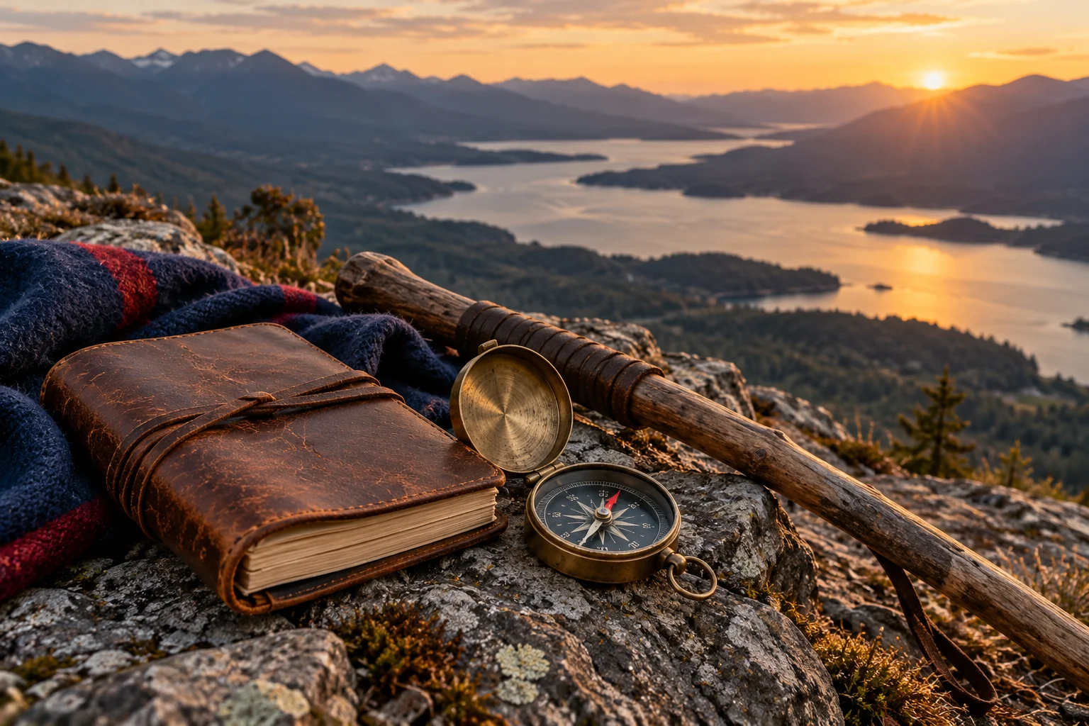 Ein abgenutzter Taschenkompass liegt neben Notizbuch und Wanderstock.