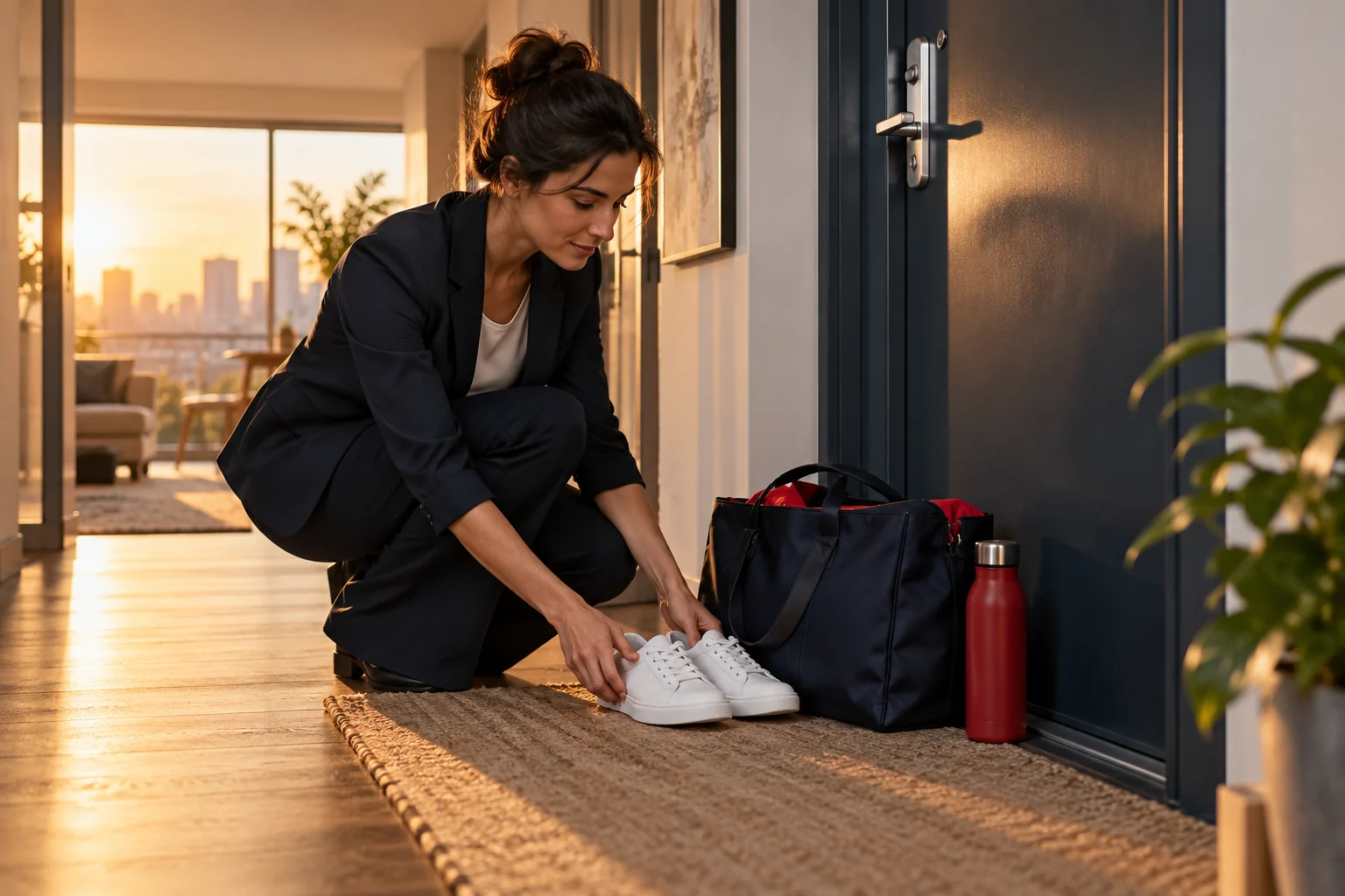 Vor einer Wohnungstür stehen vorbereitete Schuhe und eine gepackte Tasche.