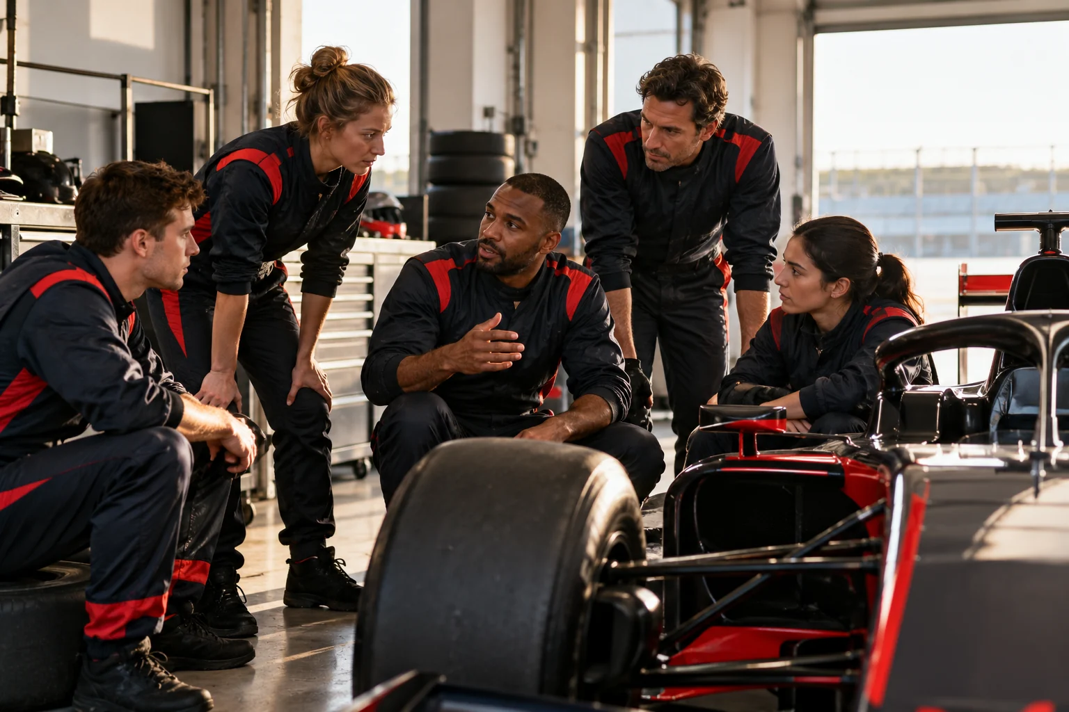 A pit crew pauses beside a stationary racing car.