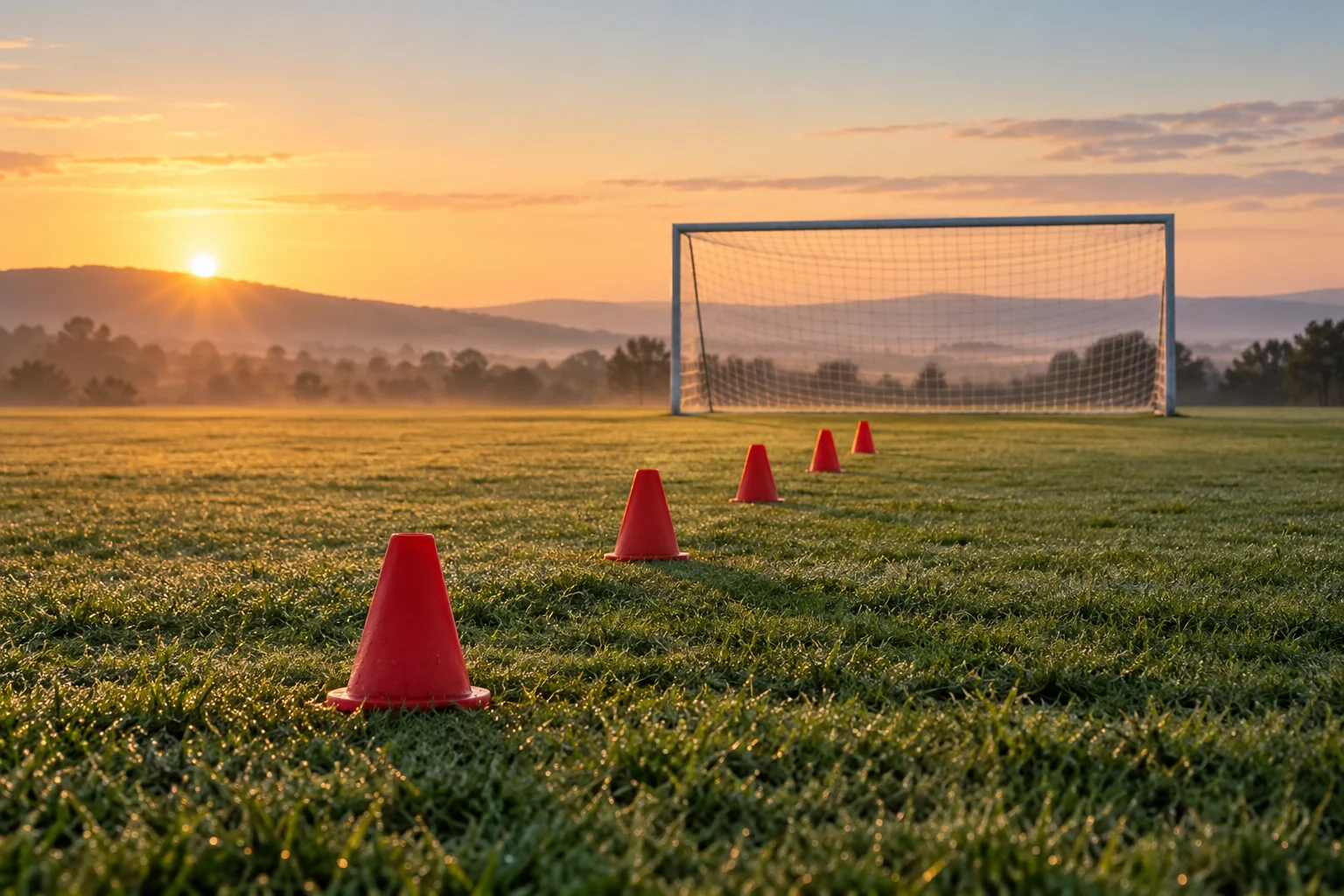 Five training cones stand on a football pitch in front of an empty goal.