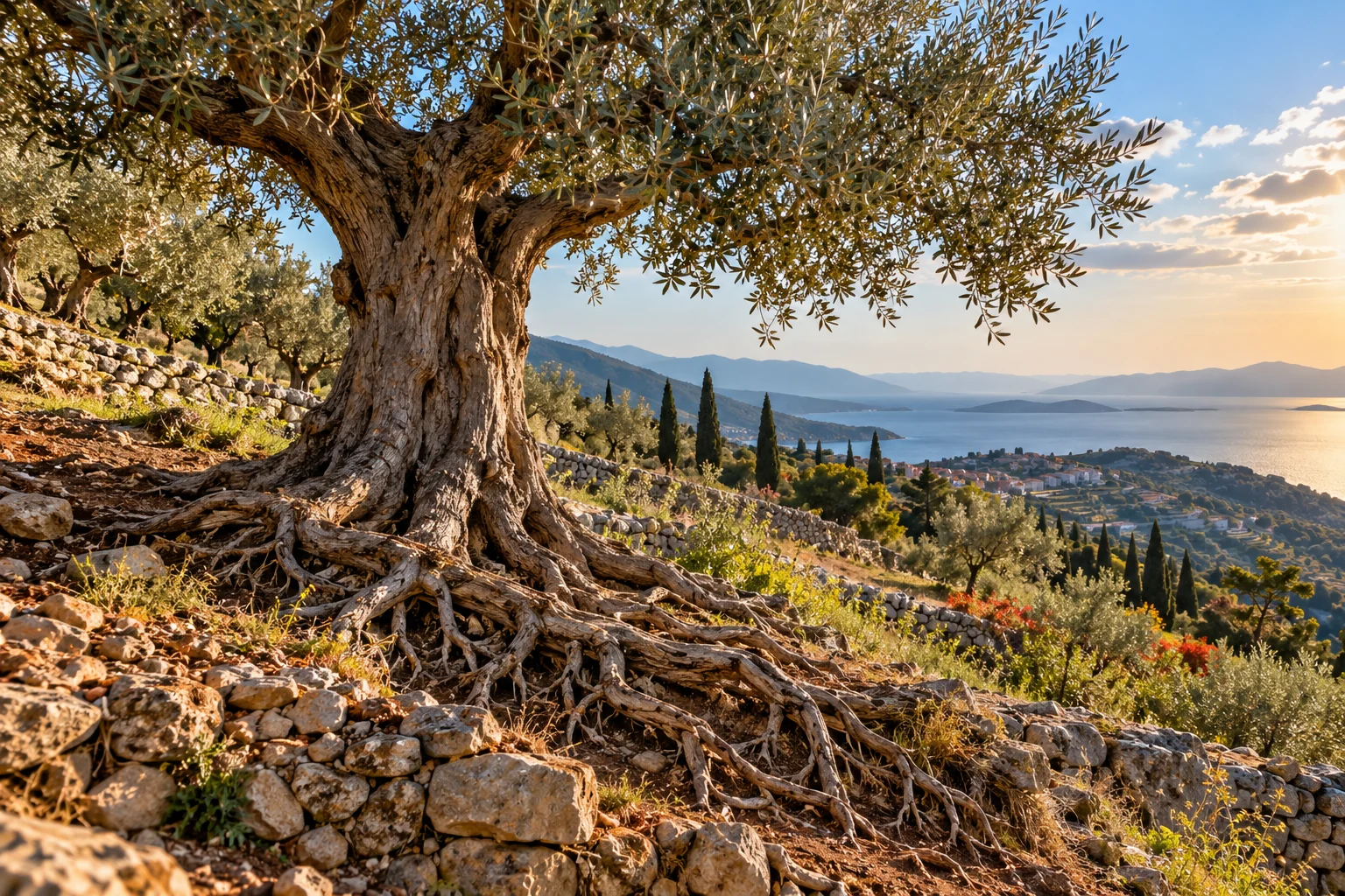An old olive tree holds a hillside with strong, visible roots.