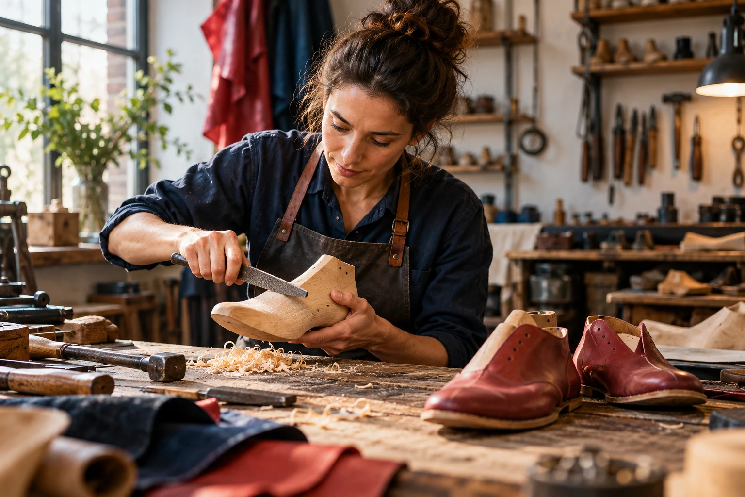 A shoemaker adjusts a wooden last beside unfinished shoes.