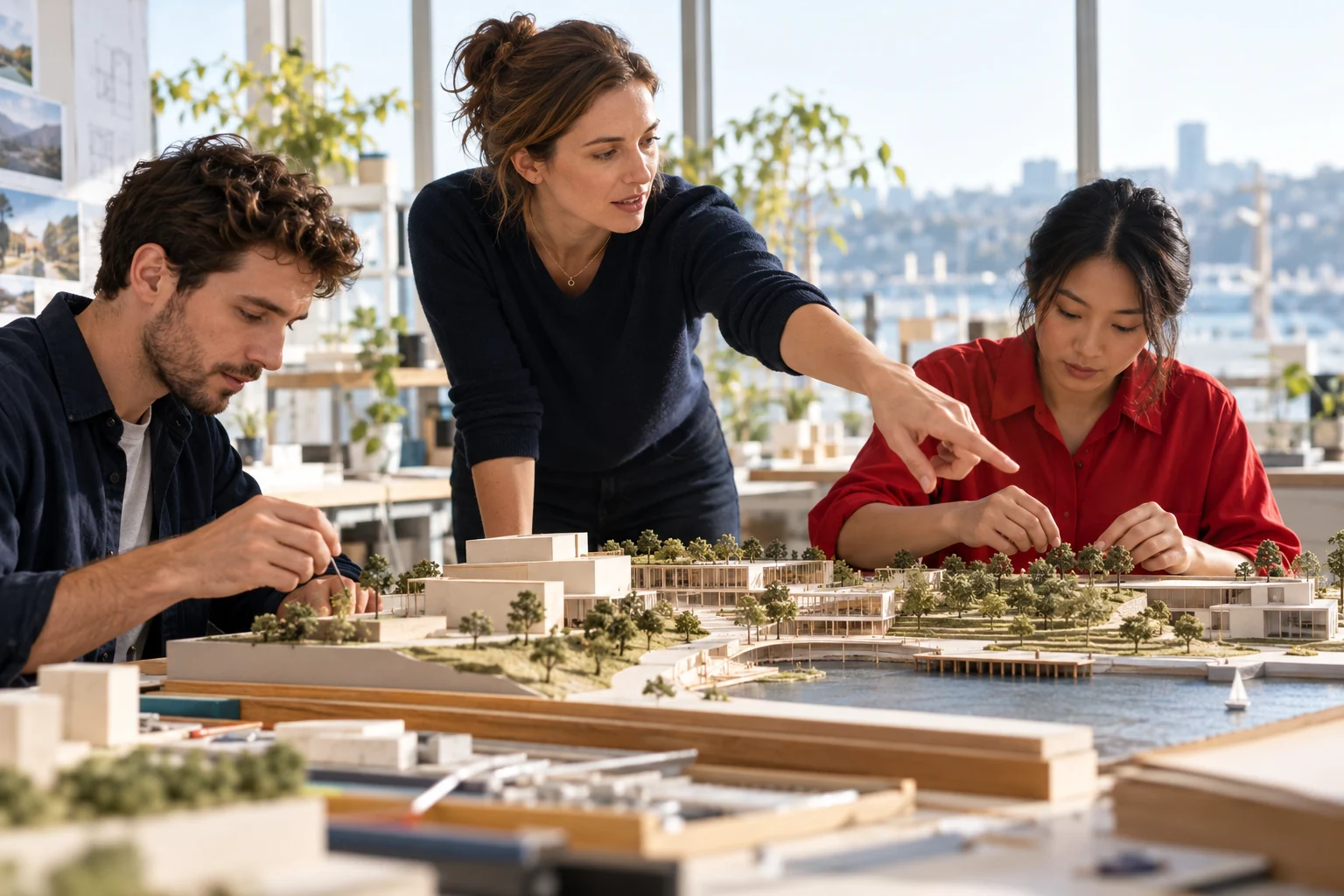 Eine Projektleiterin begleitet zwei Kollegen bei der Arbeit an einem Architekturmodell.