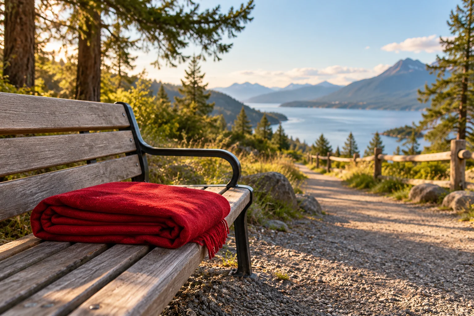 Eine gefaltete rote Picknickdecke liegt auf einer Parkbank am Beginn eines Wanderwegs.