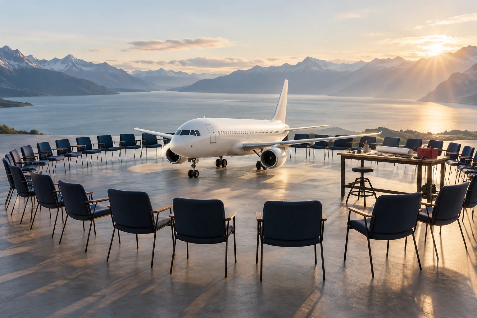 Viele leere Konferenzstühle stehen vor einem Flugzeugmodell neben einem kleinen Arbeitstisch.