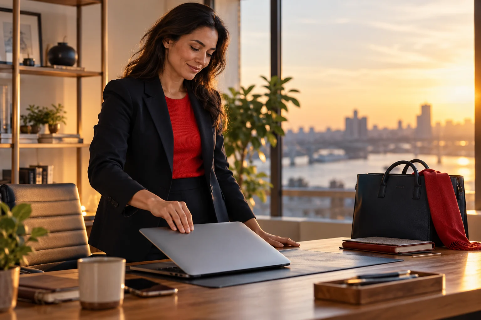 A professional deliberately closes a laptop at an orderly desk in the late afternoon.