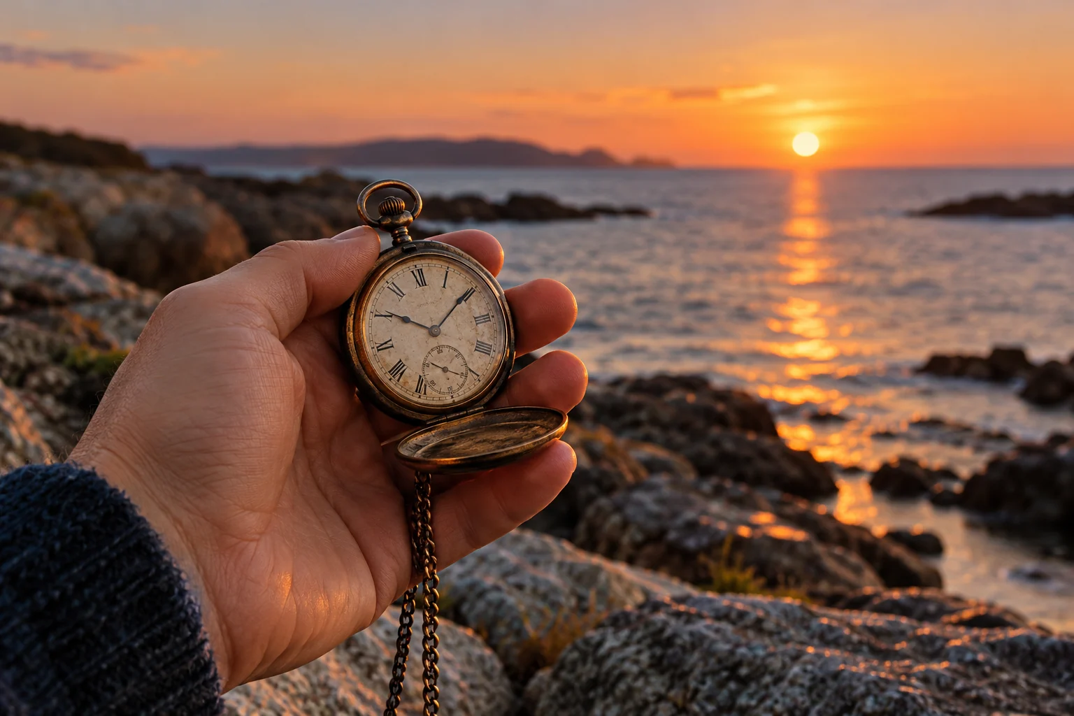 A hand holds an old mechanical pocket watch by a quiet seashore.