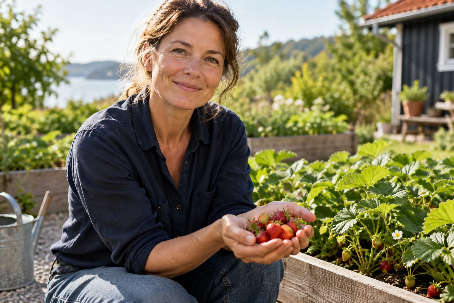 Eine Gärtnerin zeigt die ersten reifen Erdbeeren aus einem kleinen Beet.