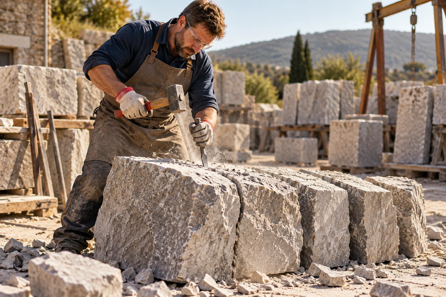 A stone mason divides a large block into smaller, manageable pieces.