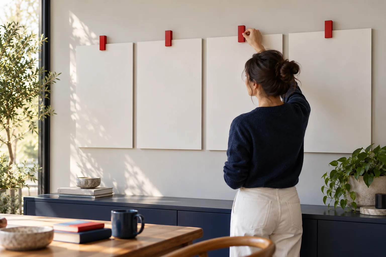 A person moves a red wooden clip between four unlabelled planning panels.