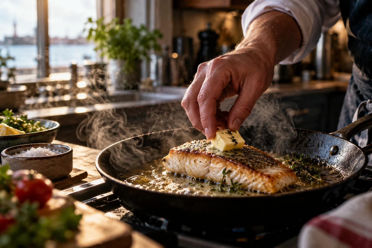 A hand adds a pat of butter to a fish fillet in a dark pan.
