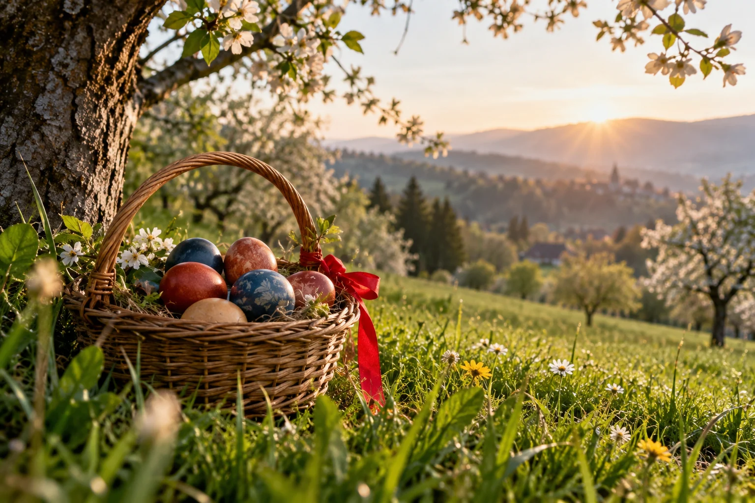 A basket of dyed Easter eggs in the grass of a spring orchard.
