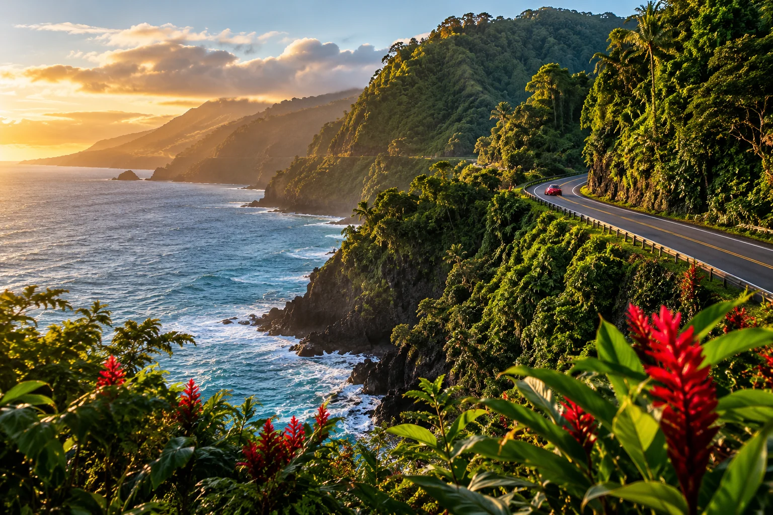 A coastal road winds between tropical forest and ocean cliffs.