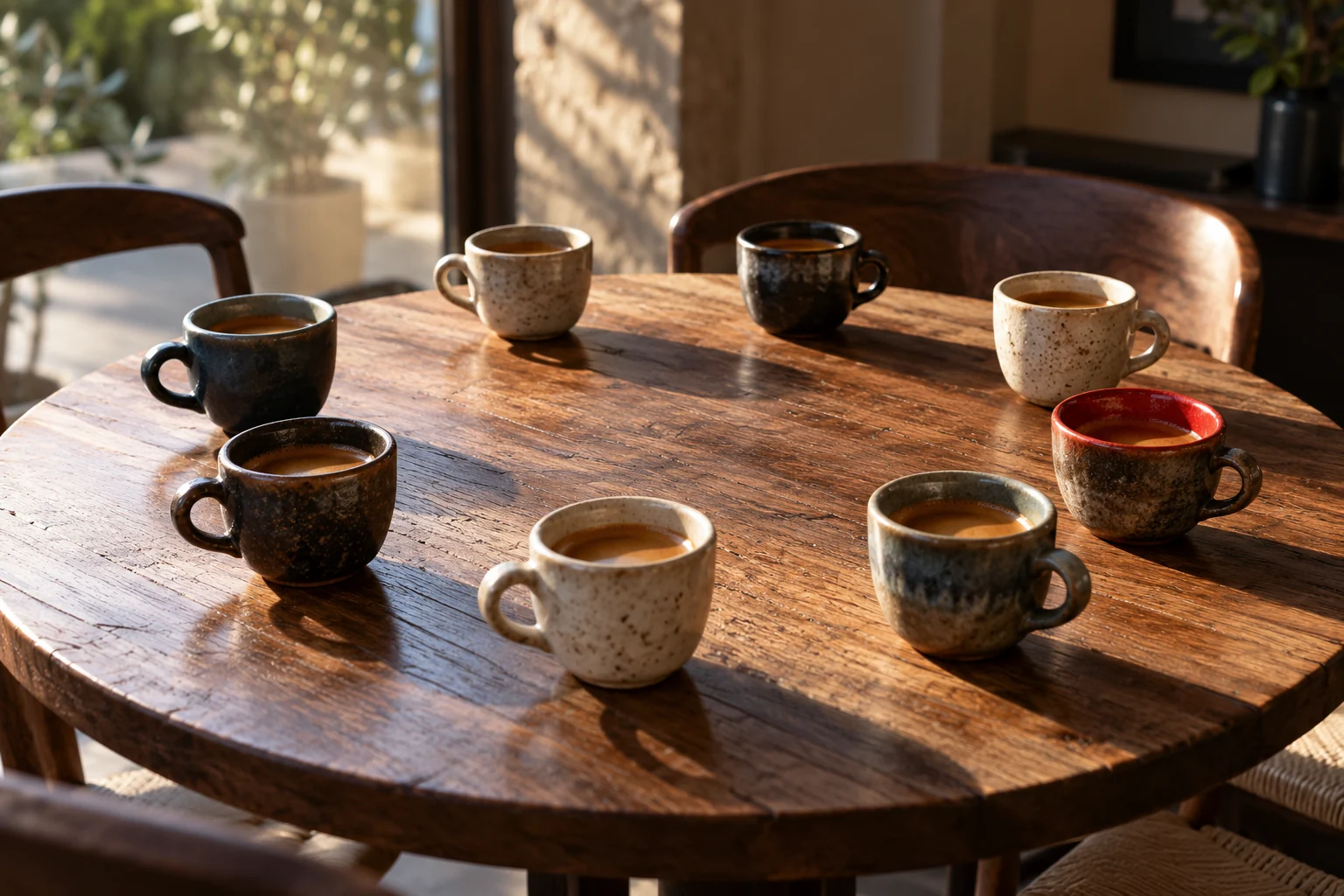 Acht handgefertigte Espressotassen stehen um einen kleinen runden Holztisch.