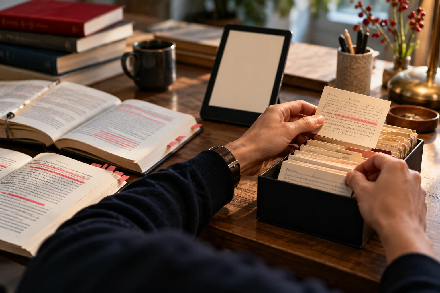 Hände sortieren Lesekarten neben Büchern und einem E-Reader in eine kleine Kartei.