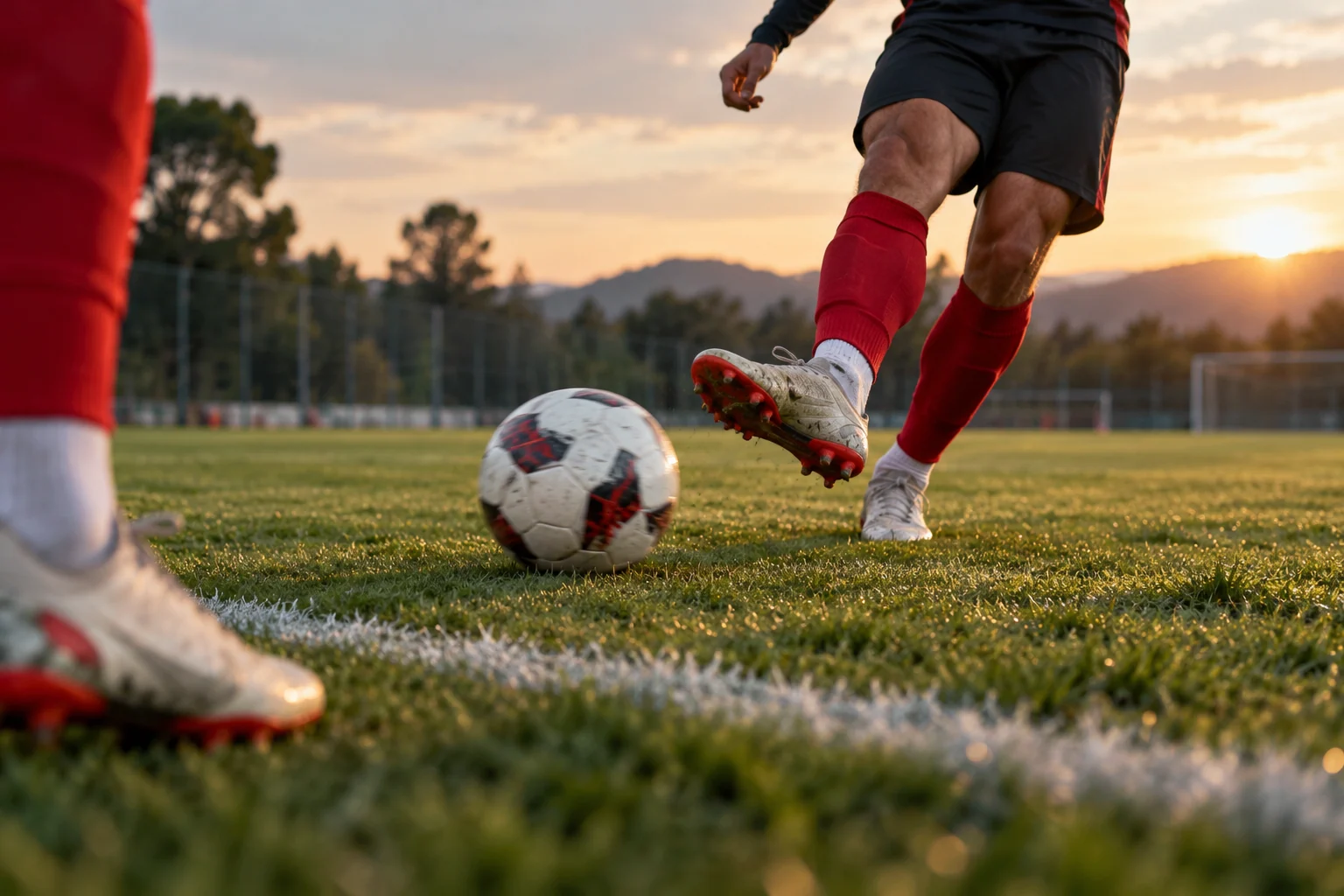 Fußballschuhe und ein Ball beim Rückpass an der Seitenlinie eines Trainingsplatzes.