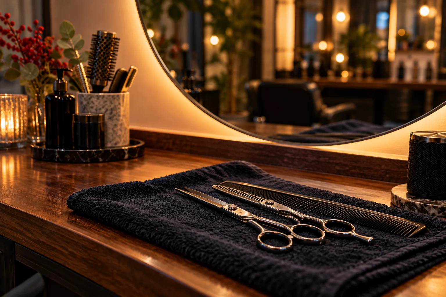 Scissors and a comb lie beside a speaker at a warmly lit salon workstation.