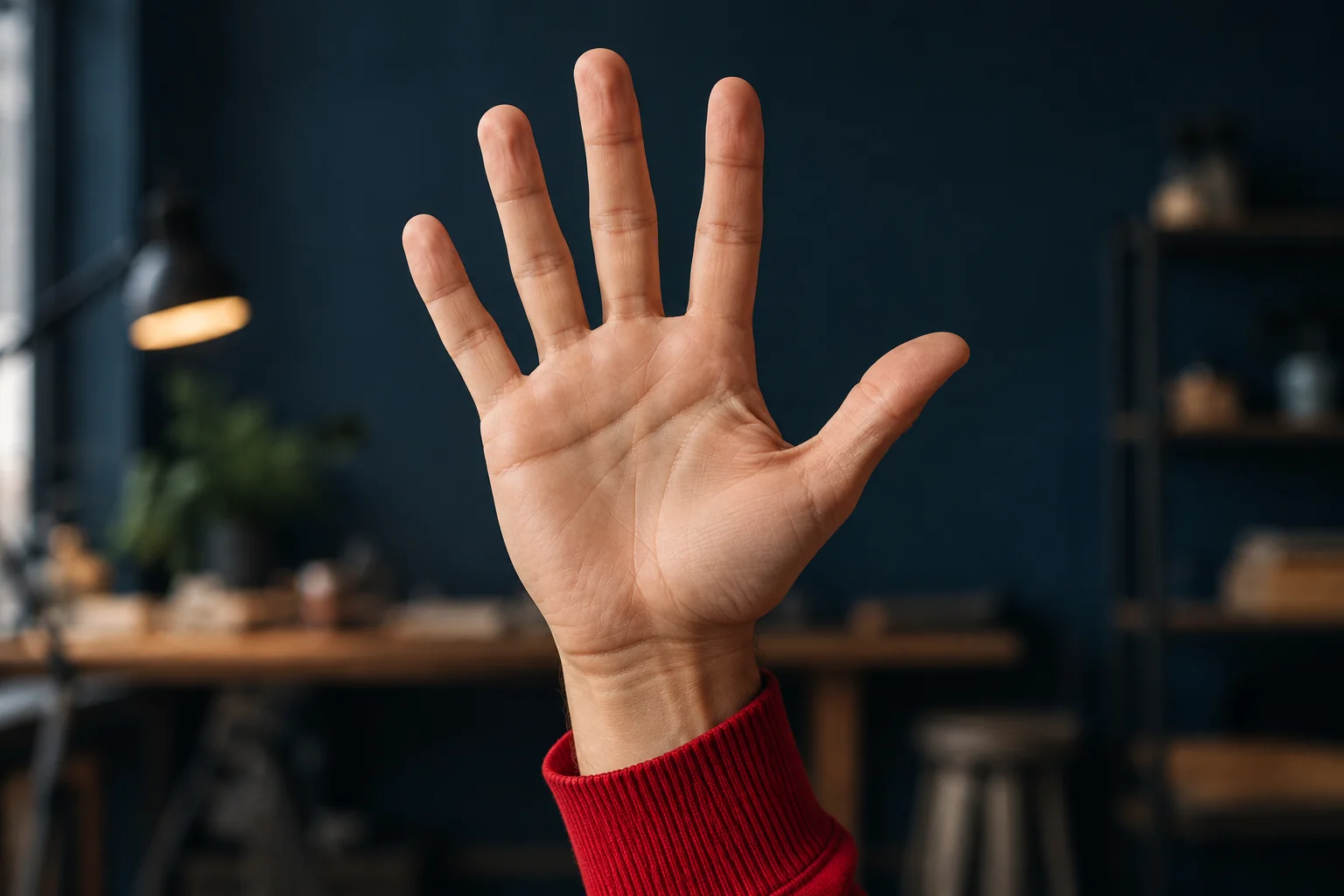 Eine offene Hand zeigt fünf Finger vor einem unscharfen dunkelblauen Hintergrund.