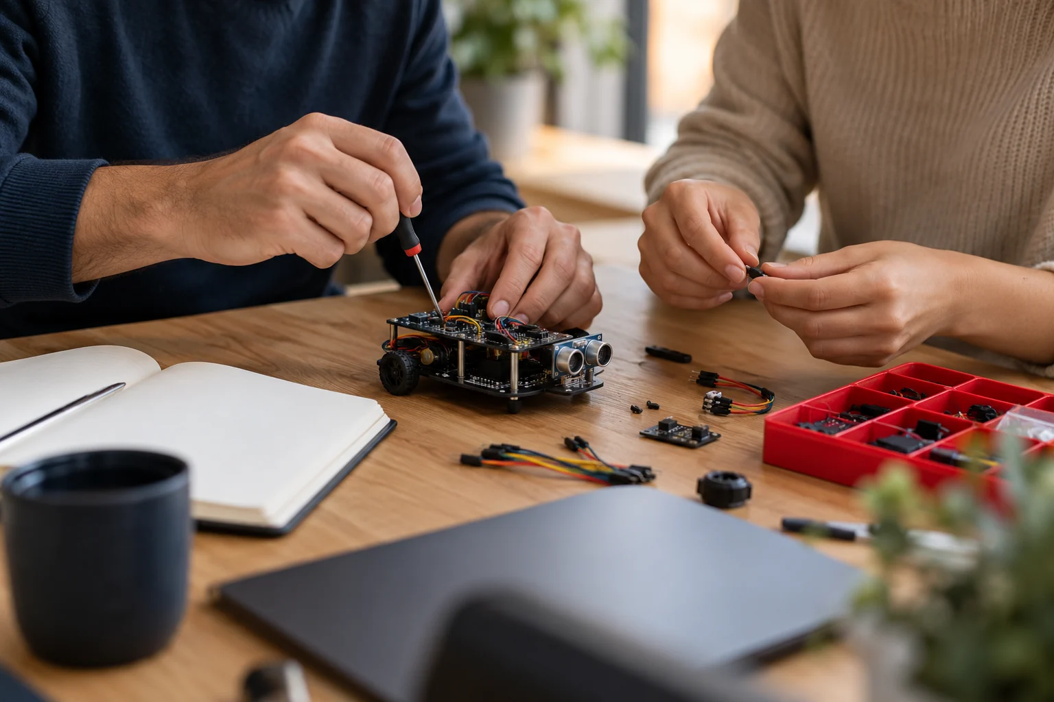 Adult learners work together on a small electronics project at a desk.