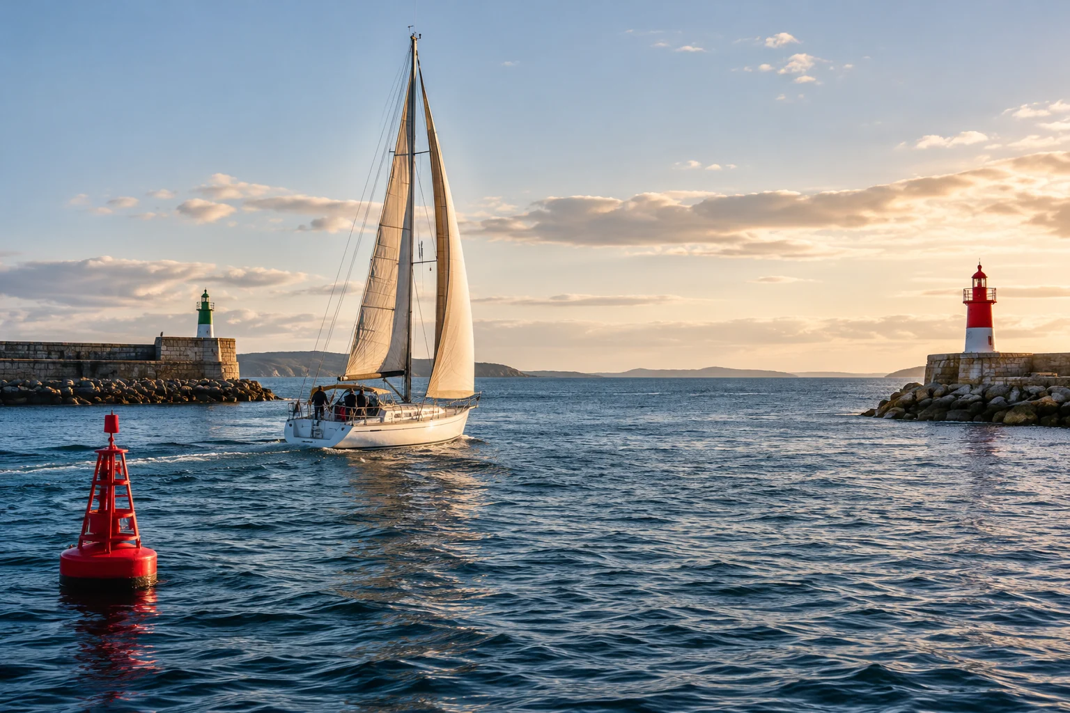 Ein Segelboot verlässt einen geschützten Hafen in Richtung offenes Wasser.