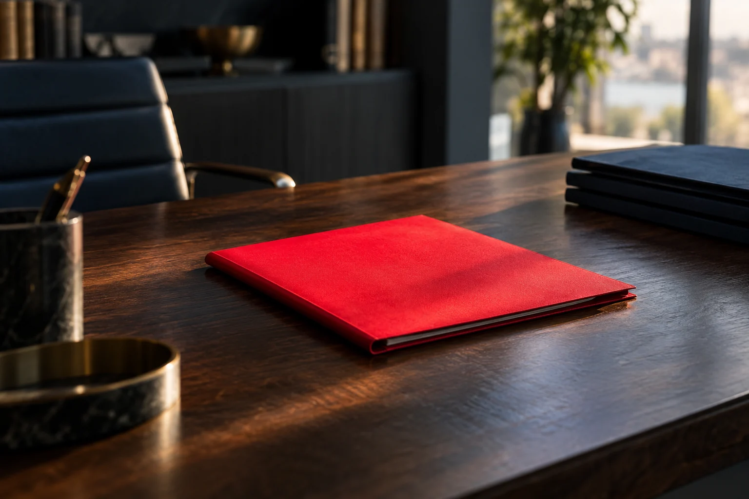 A single red folder lies in the clear centre of a dark desk.
