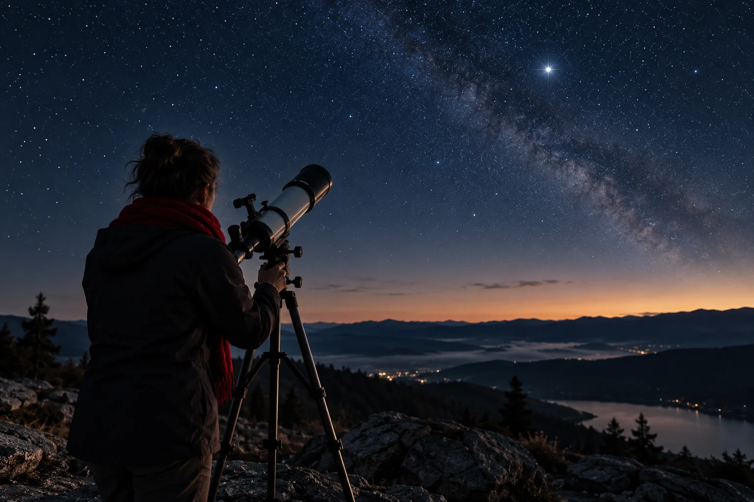 Eine Person richtet ein Teleskop unter einem Sternenhimmel auf einen hellen Stern.
