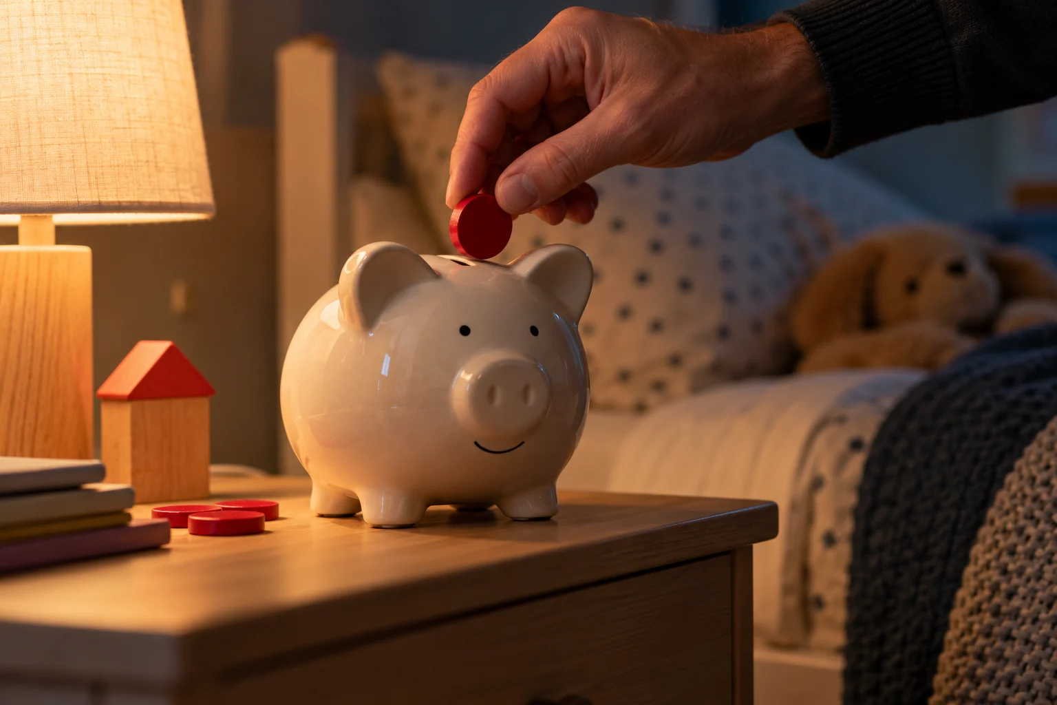 A hand drops a red wooden token into a ceramic piggy bank beside a bed.