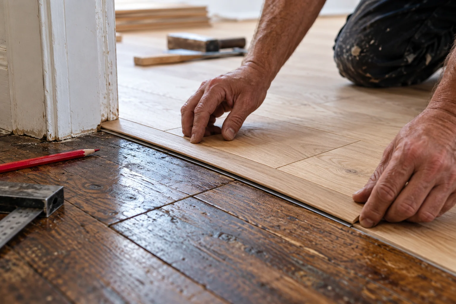 Hands connect a new pale wooden floor to an existing darker wooden floor.