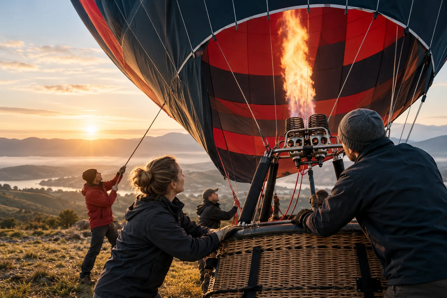 Ein kleines Team bereitet bei Sonnenaufgang gemeinsam einen Heißluftballon vor.
