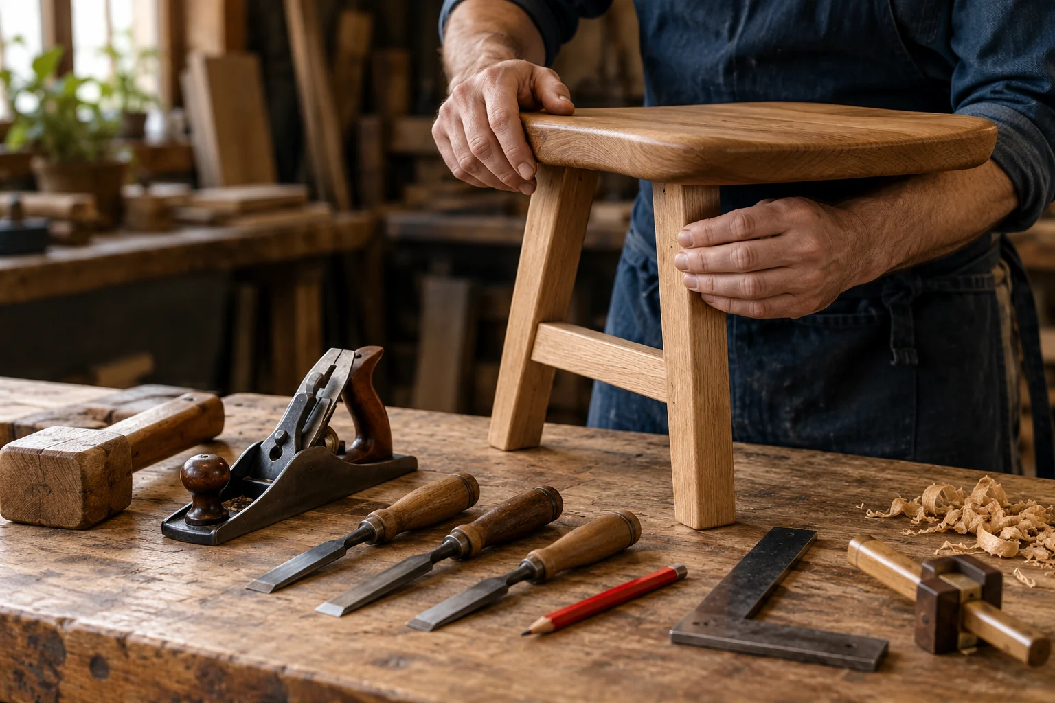 Sechs Handwerkzeuge liegen neben einem Holzschemel, dessen Verbindung geprüft wird.