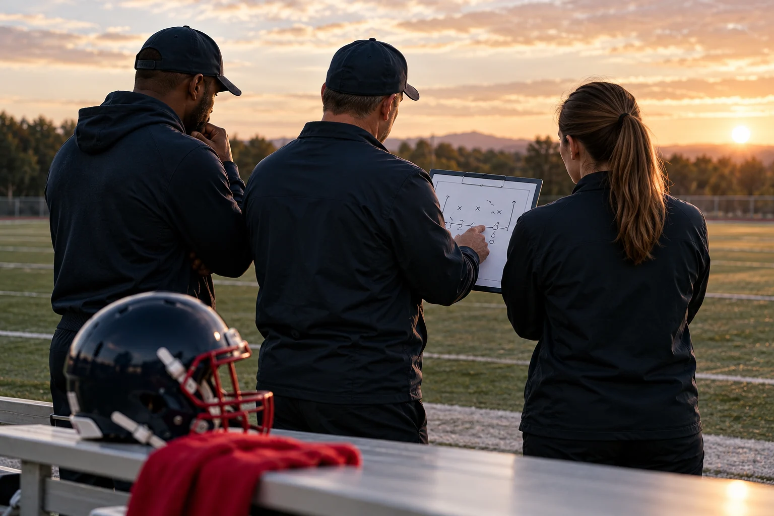 A coaching team discusses a tactics board beside an American football field.