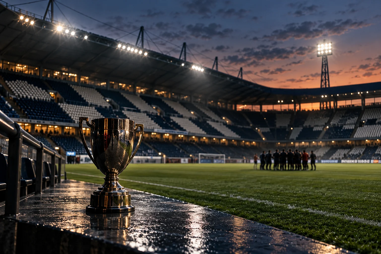 Ein unbeschrifteter Pokal steht am Rand eines abendlichen Fußballstadions.