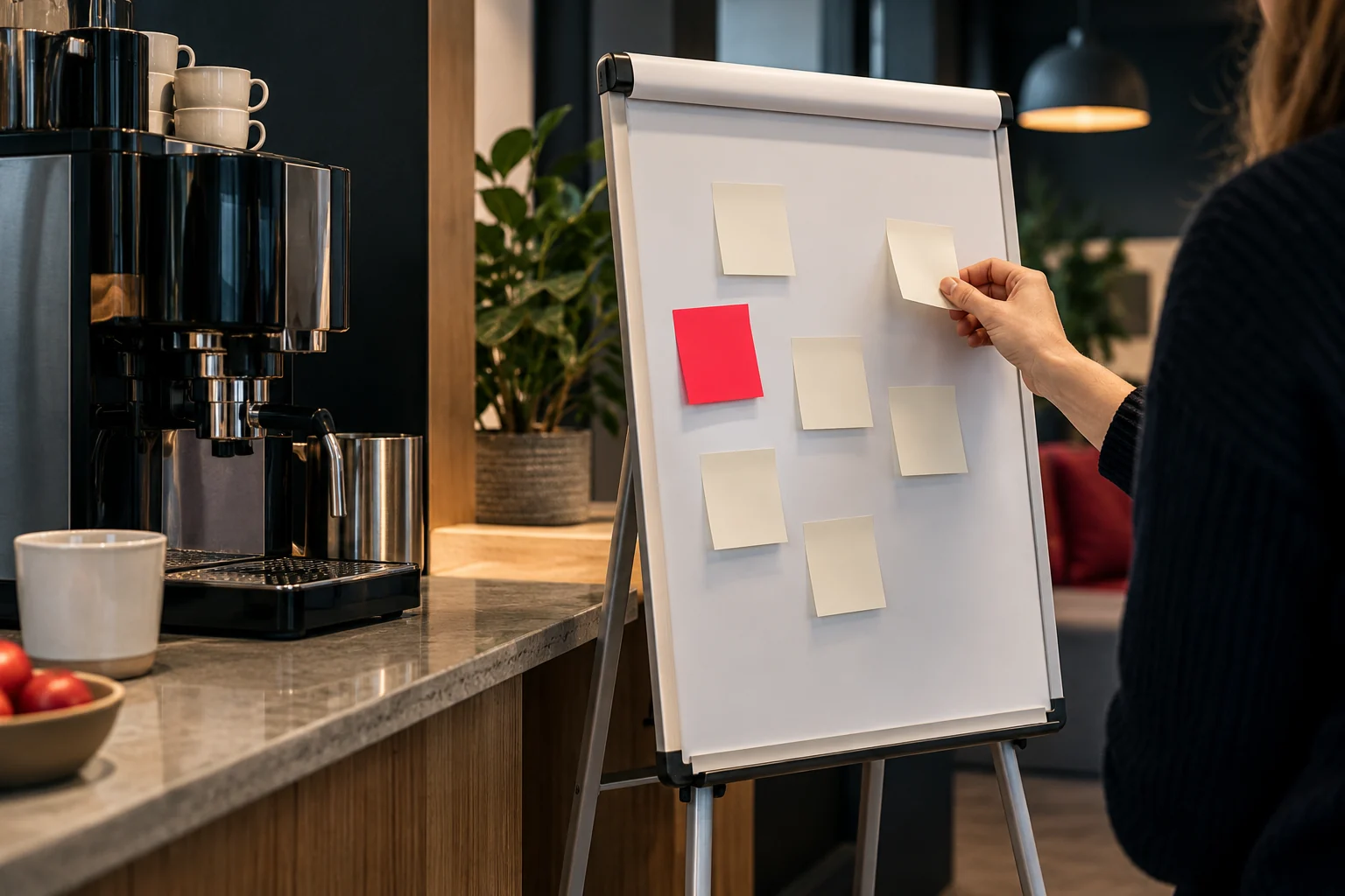 Eine Hand befestigt einen unbeschrifteten Zettel an einem Board neben einer Kaffeemaschine.