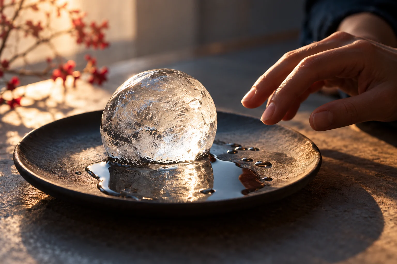 Eine Eiskugel schmilzt langsam auf einem dunklen Keramikteller im Sonnenlicht.