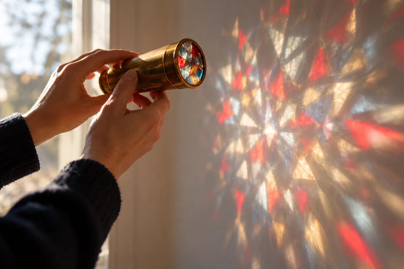 Hände richten ein Kaleidoskop ins Licht, das farbige Muster auf eine Wand wirft.