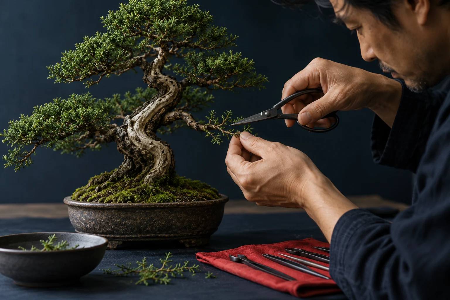 Eine Hand entfernt mit einer kleinen Schere einen Zweig von einem Bonsai.