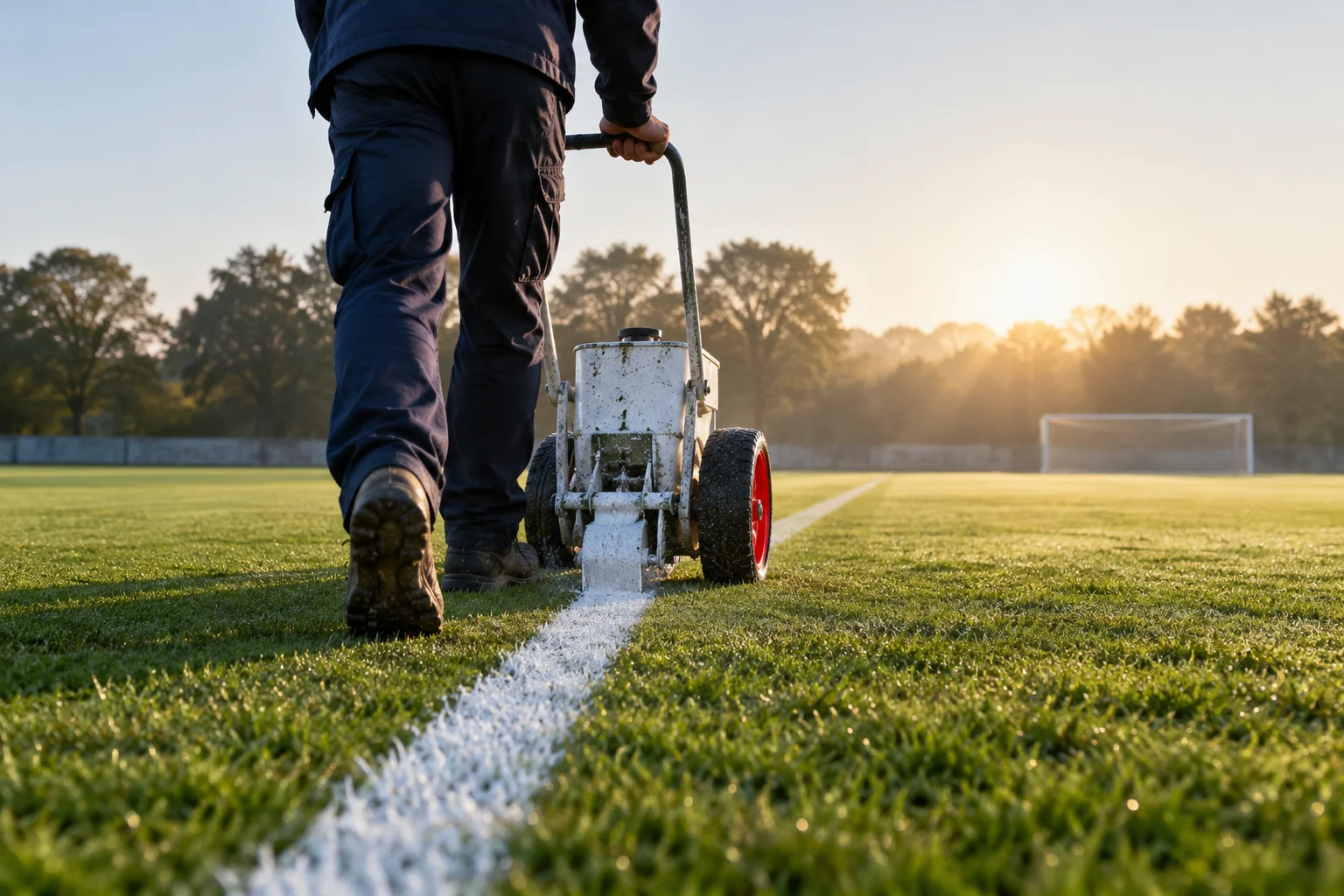 Eine Person zieht mit einem Markierwagen eine frische weiße Linie auf einem Fußballplatz.