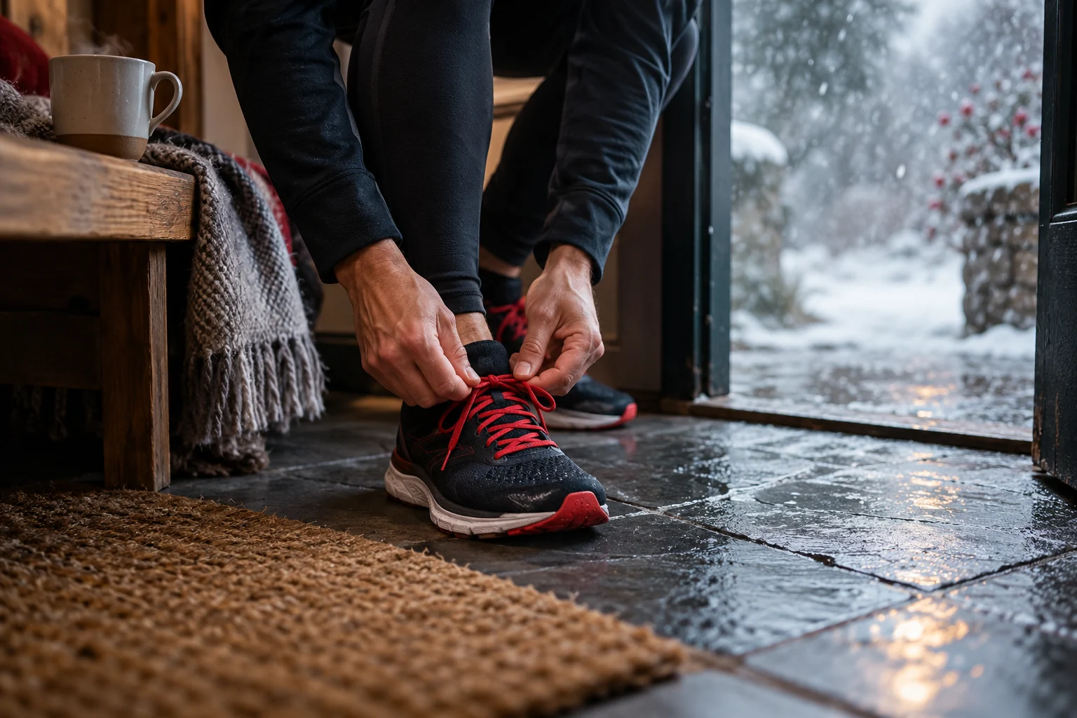 Hände binden Laufschuhe an einer offenen Tür, während draußen Schneeregen fällt.