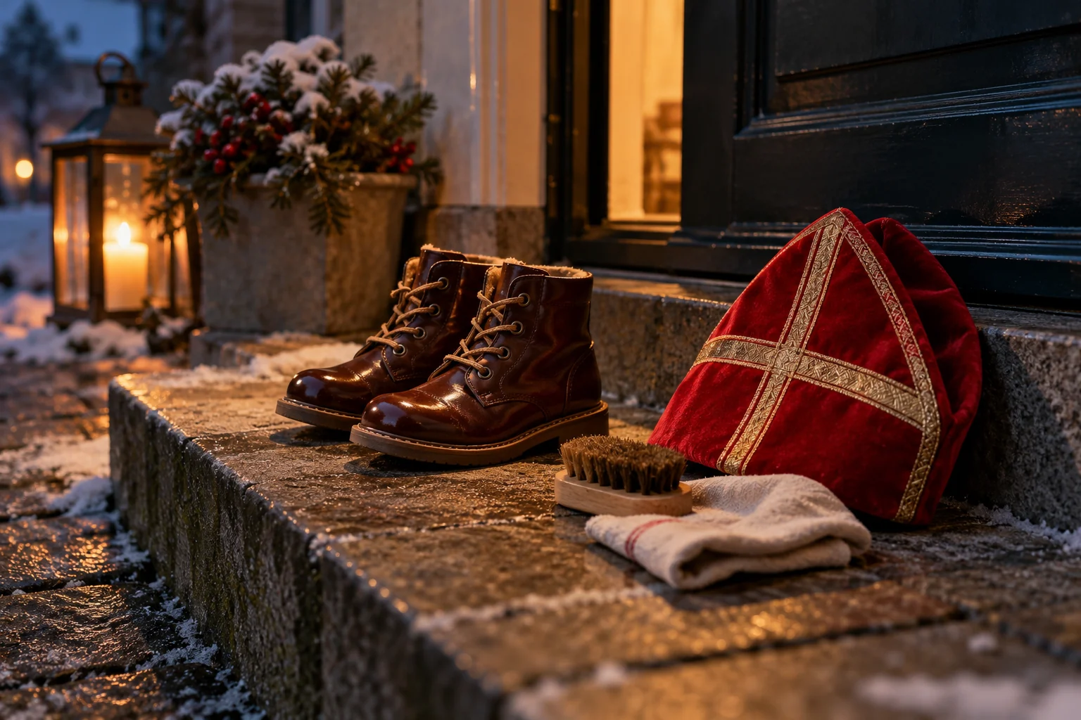 Geputzte Kinderstiefel und eine rote Nikolausmütze stehen an einer winterlichen Haustür.