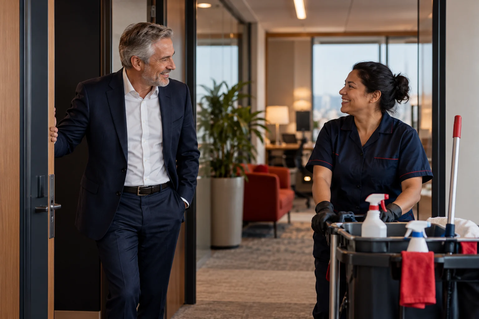 A senior professional greets a cleaner with attentive appreciation.