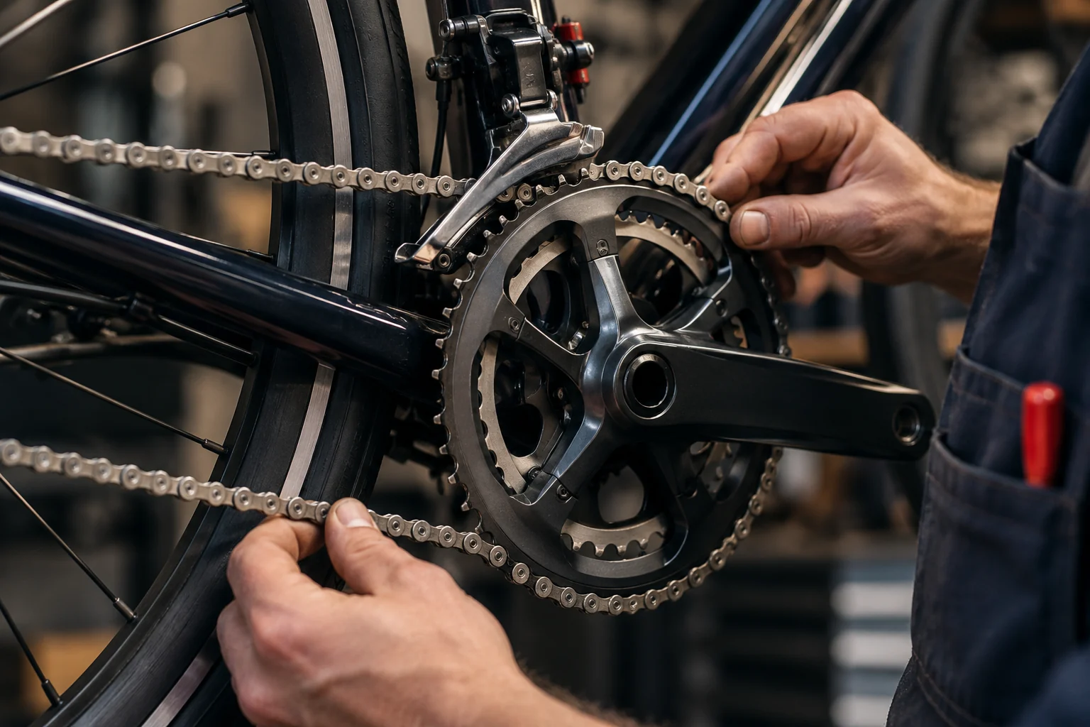 Hands check a bicycle drivetrain with two connected front chainrings.