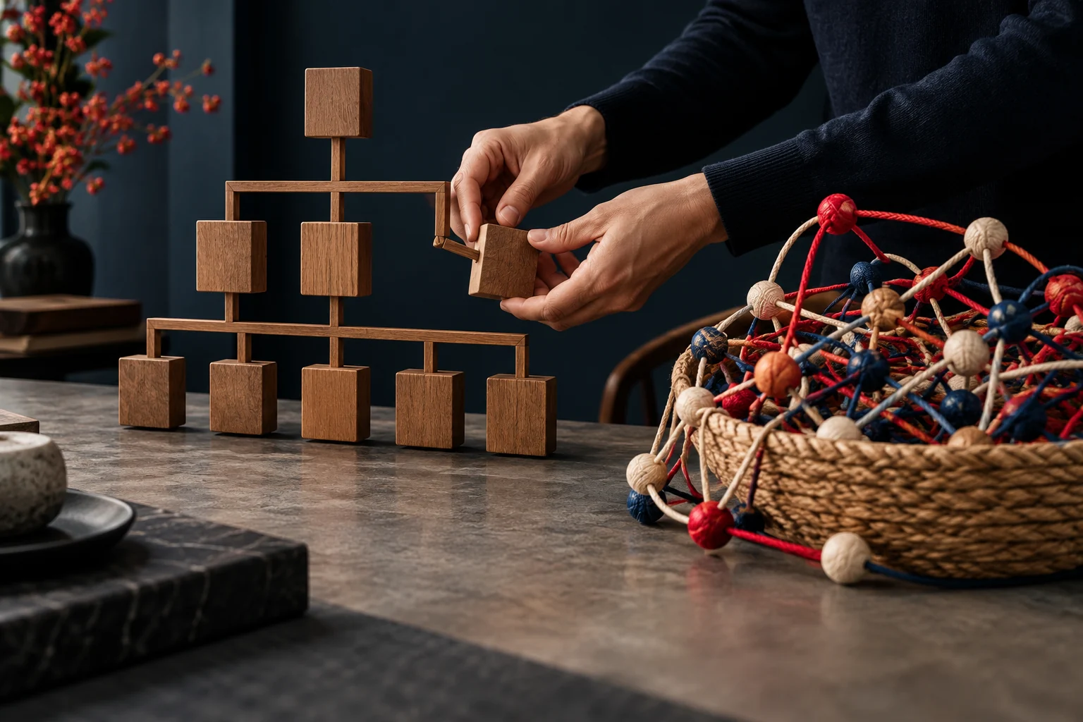 Hands loosen a rigid wooden frame beside a flexible network of cords.