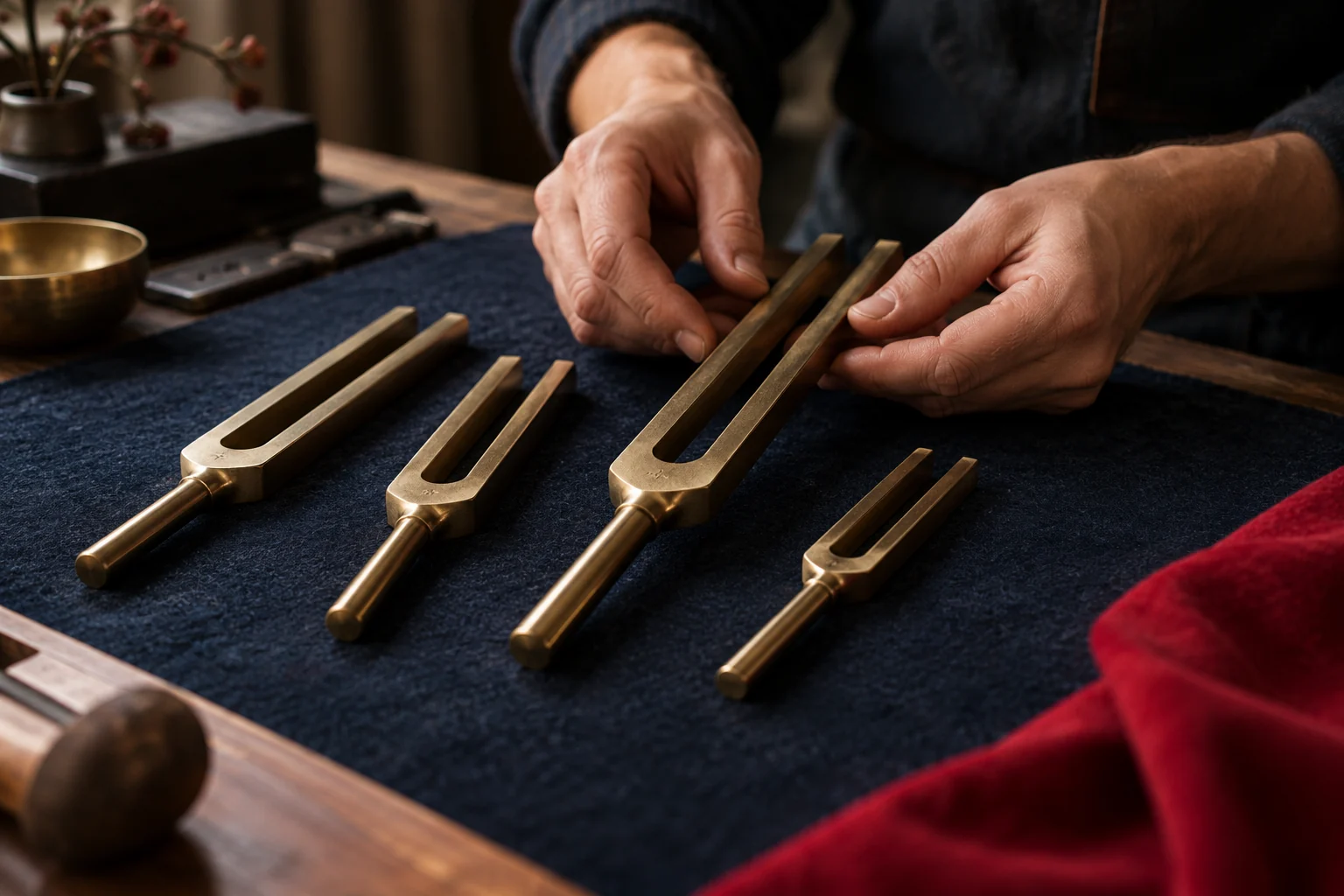 Hands arrange several tuning forks on a dark workbench.
