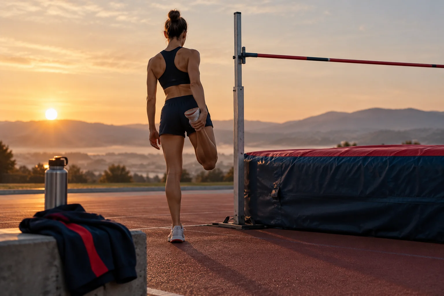 An athlete stretches beside a high jump area at sunrise.
